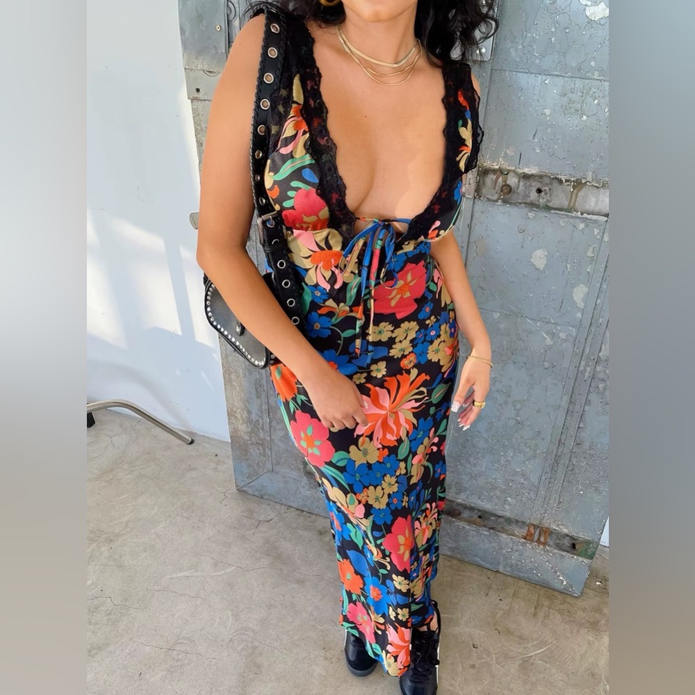 Floral Lace-Trim Maxi Dress